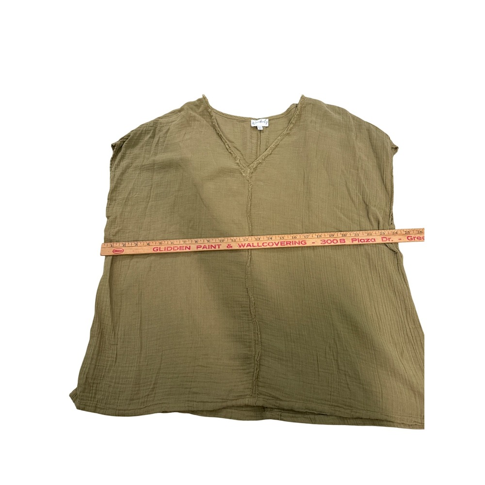 Wonderly Womens XXL Olive Green Cotton Gauze V-Neck Oversized Boho Top